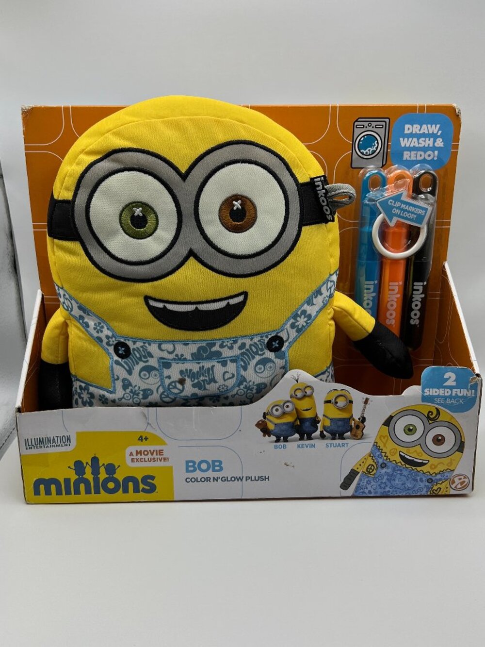 Minions Bob Color N Glow Plush With Washable Markers Movie Exclusive 2-Sided Fun